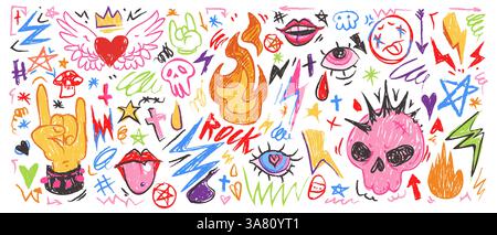 Colorful punk rock doodle set - funny skulls, flames, lightning bolts and stars, hearts, lips and eyes. Vivid freehand drawings, sketch for rebellious music poster, textile, youth subculture design. Stock Vector