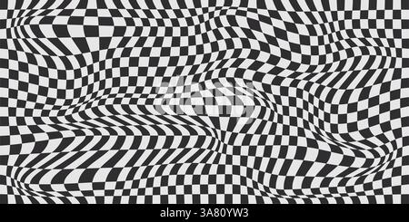Optical illusion background with distorted checkered pattern - abstract black and white warped checker board, swirling twisted psychedelic wavy effect. Trippy hypnotic art, vector surreal texture. Stock Vector