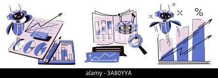 Robot analytics set - cute chatbot assistant analyzing business data, financial charts and infographics. Smiling bots with statistics graphs, magnifying glass, documents for analytics, ai technology. Stock Vector