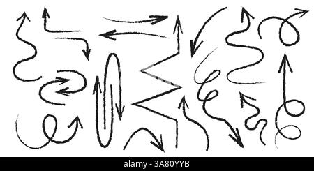 Handdrawn crayon arrows set - various curved, straight, twisted shapes with different thickness and direction. Freehand pointers, map indicators, grunge navigation symbols for ui, sign design. Stock Vector