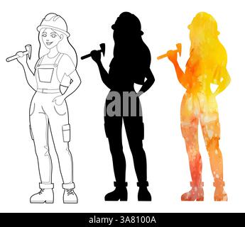Vector collection of female workers in helmets with hammer. Set of builders in different styles. Contour, black silhouette and watercolor construction Stock Vector