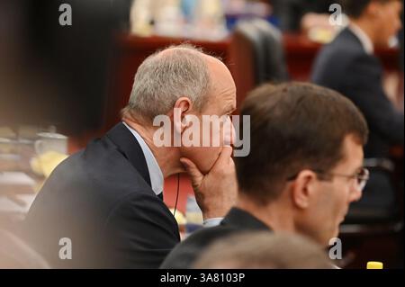 Peking, China. 28th Mar, 2025. Roland Busch, CEO of Siemens, sits in the Great Hall of the People. China's head of state and party leader Xi promoted China as a safe investment location in front of international CEOs. Credit: Johannes Neudecker/dpa/Alamy Live News Stock Photo