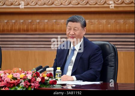 Peking, China. 28th Mar, 2025. Xi Jinping, China's head of state and party leader, speaks to CEOs of global companies. Xi praised China as a safe investment location. Credit: Johannes Neudecker/dpa/Alamy Live News Stock Photo