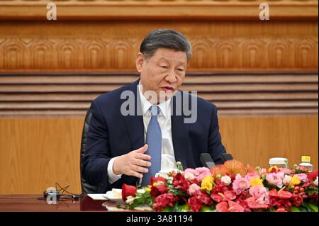 Peking, China. 28th Mar, 2025. Xi Jinping, China's head of state and party leader, speaks to CEOs of global companies. Xi praised China as a safe investment location. Credit: Johannes Neudecker/dpa/Alamy Live News Stock Photo