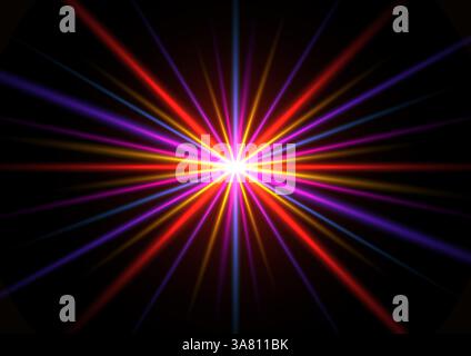 bright glowing starburst with radiant red, blue, purple, and yellow rays against a black background. Vibrant cosmic explosion of light, energy, and co Stock Vector
