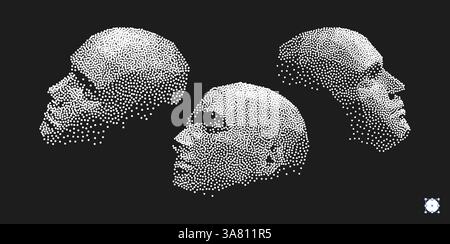 Three faces looking in different directions. Anonymous social masking. Technology and robotics concept. 3D vector illustration for brochure, poster, p Stock Vector