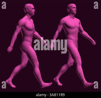 Abstract man stepping forward. One person walking on the road. 3D human body model with stipple effect. 3D illustration for brochure, poster, presenta Stock Vector