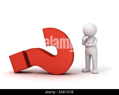 Minimal 3d white man standing and thinking with big red question mark feeling emotional concepts isolated on white background with shadow 3D rendering Stock Photo