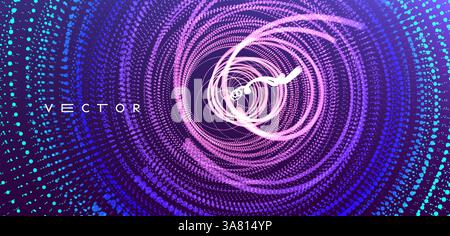 Array with dynamic particles. Swirl with connected dots. Abstract science or technology background. 3d vector illustration. Stock Vector