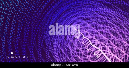 Array with dynamic particles. Swirl with connected dots. Abstract science or technology background. 3d vector illustration. Stock Vector