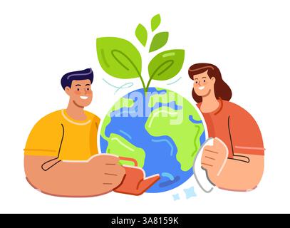 Green world concept. Saving environment, clean ecology. Environmental protection, nature conservation. People and globe Stock Vector