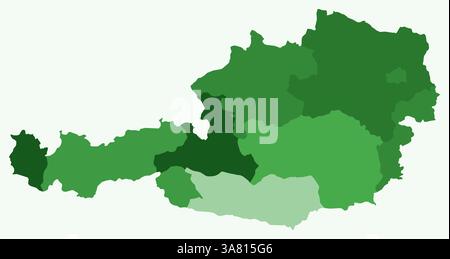 Map of Austria with regions. Just a simple country border map with region division. Green color palette. Stock Vector