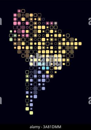 South America, shape of the continent built of colored cells. Digital style map of South America on dark background. Large size rounded square blocks. Stock Vector