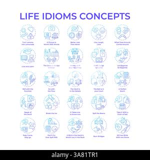 Life idioms blue gradient concept icons Stock Vector