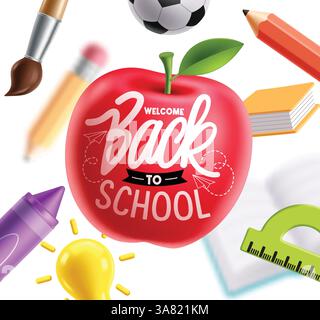 Back to school greeting clipart design. Welcome back to school text in apple concept clip art educational elements with crayons, ruler, pencil Stock Vector