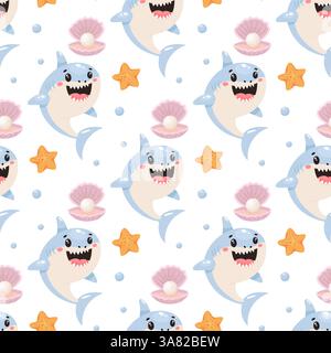 Seamless cartoon pattern with smiling sharks, pink clamshells, pearls, and starfish Stock Vector