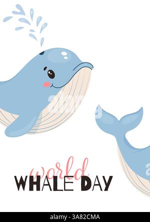 Happy blue whale illustration with water splash and text for World Whale Day Stock Vector