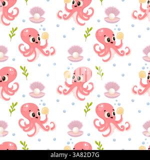 Whimsical underwater pattern featuring a smiling octopus holding a shell with pearls Stock Vector