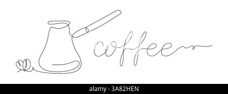 A turk for making boiled classic coffee on roasted beans. Hand lettering of coffee. Horizontal banner for coffee shop, web banners, signage. Simple linear vector graphics, in line art style. Stock Vector
