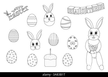 Monochrome coloring page featuring set a anthropomorphic Easter bunny, decorated Easter eggs, Easter cake, and - Happy Easter - text. Fun printable. Stock Vector