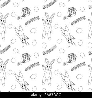 Black and white seamless pattern with cute Easter bunnies, eggs, tulips, and - Easter - text blocks for coloring page. Ideal for kids, wrapping paper. Stock Vector
