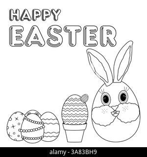 Fun Easter coloring page featuring anthropomorphic Easter bunny shaped egg, decorated Easter eggs, cactus, and - Happy Easter - text, in outline style. Stock Vector