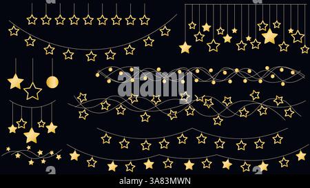 Set of festive garlands with gold stars and balls. Hanging light bulbs on rope. Glowing graphic elements for posters, invitations, booklets, cards Stock Vector