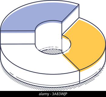 Sleek isometric line icon representing a yellow and blue pie chart infographic. It serves as a simple yet effective element for modern graphics and il Stock Vector