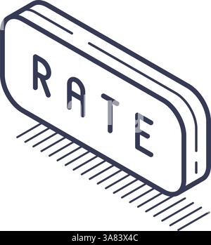 A simple isometric line icon depicts a rectangular button featuring the word rate prominently. Design emphasizes user interaction and feedback in digi Stock Vector