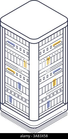 Illustration showcases a three-dimensional isometric line icon of a server, featuring multiple storage units and connections. It highlights modern tec Stock Vector