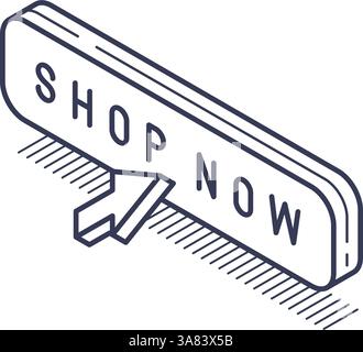Isometric line icon represents a shop now button, featuring a sleek design suitable for modern ecommerce websites. It effectively directs users to mak Stock Vector
