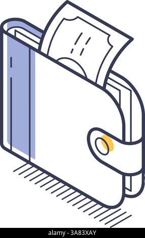 Icon features a stylish wallet in an isometric view, displaying a receipt peeking out. It represents concepts in finance, transactions, and personal b Stock Vector