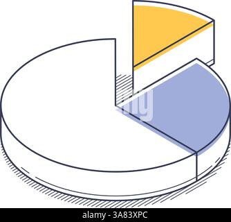 Sleek isometric line icon representing a yellow and blue pie chart infographic. It serves as a simple yet effective element for modern graphics and il Stock Vector
