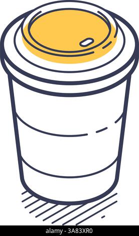 Isometric line icon of a coffee cup with a yellow lid, perfect for infographics and modern design projects. It showcases a minimalist and clean aesthe Stock Vector