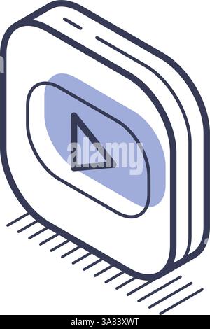 Modern isometric line icon features a play button, designed to be clear and distinct for use in digital applications. The stylish outline is suitable Stock Vector
