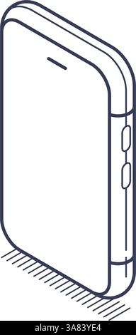 Illustration showcases a smartphone in isometric line art style. Design features a minimal outline highlighting the device's shape and buttons, suitab Stock Vector