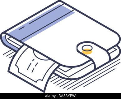 Icon features a stylish wallet in an isometric view, displaying a receipt peeking out. It represents concepts in finance, transactions, and personal b Stock Vector