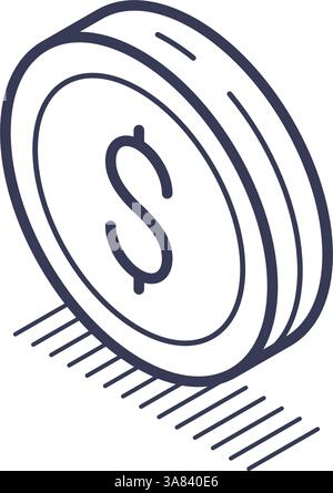 Isometric line icon features a sleek design of a coin, perfect for use in modern infographics, digital presentations, and vector illustrations that re Stock Vector