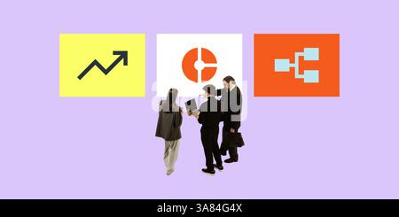Composite image. Professionals standing in front of diagram blocks. Visual hierarchy, segmentation, planning process. Stock Photo