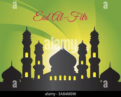 Green background with a silhouette of a building with a large dome and a sign that says Eid al-Fitr. Ramadan Kareem Praying Eid al-Fitr HariRaya Aidil Stock Vector