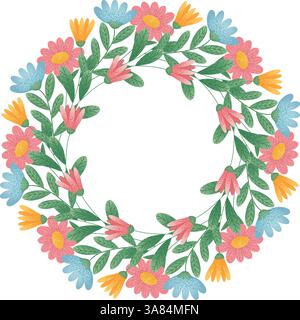 Colorful Floral Wreath with Leaves. Circular floral wreath of pink, blue, and yellow flowers with green leaves. For wedding invitation, greeting card. Stock Vector