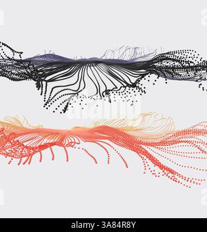 Point explode. Array with dynamic emitted particles. 3d technology style. Abstract background. Vector illustration. Stock Vector