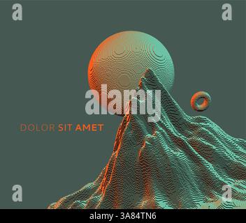 Alien fantasy landscape with rocks. Mountain peak. Futuristic backdrop in a voxel art style. Cyberspace concept. 3D vector illustration for brochure, Stock Vector