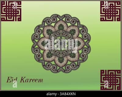 Green background with a patterned design and the word Eid Karam on it. The design is intricate. Ramadan Kareem Praying Eid al-Fitr HariRaya Aidilfitri Stock Vector