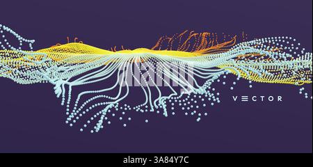 Point explode. Array with dynamic emitted particles. 3d technology style. Abstract background. Vector illustration. Stock Vector