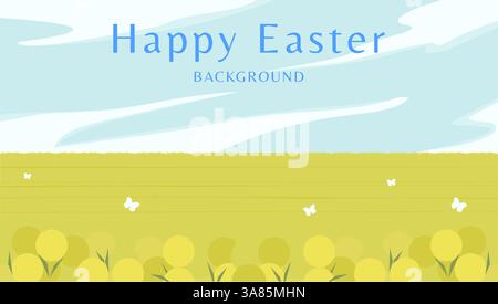 Happy Easter blooming fields banner illustration. Hello Spring vector postcard. Floral background of bright summer foliage plants. Multicolored flat v Stock Vector