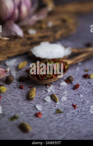 Red dried paprika pepper on a wooden spoon. White rock salt, spices and garlic. Selective focus. Stock Photo