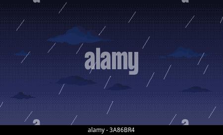 Pixel art rainy sky, night dark blue background with rain drops and clouds. Seamless when docking horizontally Stock Vector