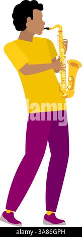 Vector people. Black musician playing saxophone quietly, solo performance. Playing jazz or blues. Vector illustration, isolated on white background. Stock Vector