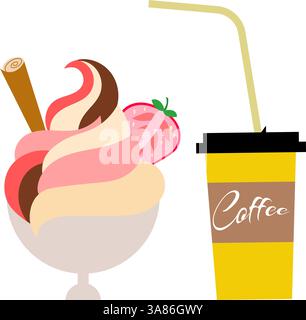 Ice cream collection. Fruit ice cream with cinnamon stick in ice cream and coffee bowl. Vector illustration, isolated on white background. Stock Vector